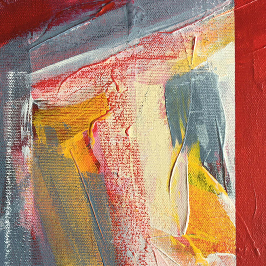 One-of-a-kind abstract painting ON THE OTHER SIDE by Laura Treimane Saulaja. 80x80cm 31.4"x31.4" Acrylic | Mixed Media on canvas. Gray, red, orange, yellow, and white colors. Stretched canvas. Ready to hang. Unframed. Painting for modern interiors. Contemporary painting. Detail