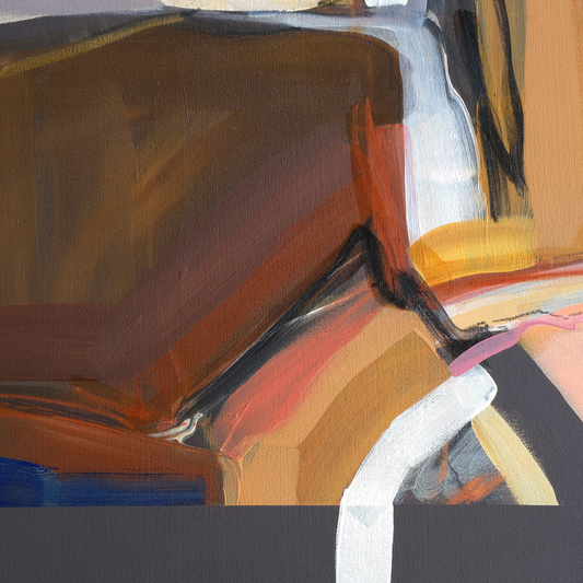Abstract painting with layered brushstrokes in brown, orange, cream, white, black, and touches of pink and blue, with a dark gray band across the bottom.