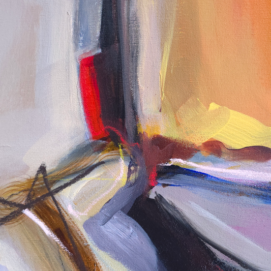 Abstract painting with expressive brushstrokes in warm orange, cream, yellow, gray, black, red, and blue tones.