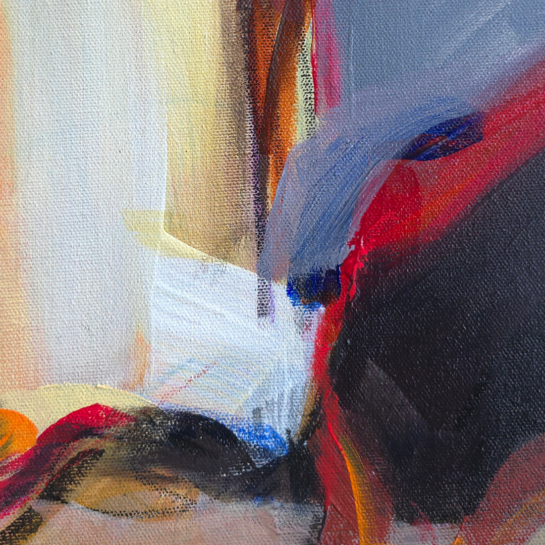 Abstract oil painting on canvas featuring expressive brushstrokes in blue, red, black, cream, and brown.