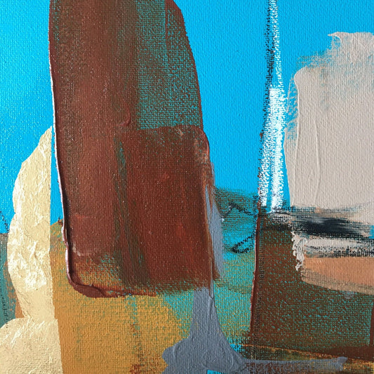 Abstract painting in burnt sienna, light blue, white colors, and gold foil. The artwork is made with acrylic colors and mixed media. Detail