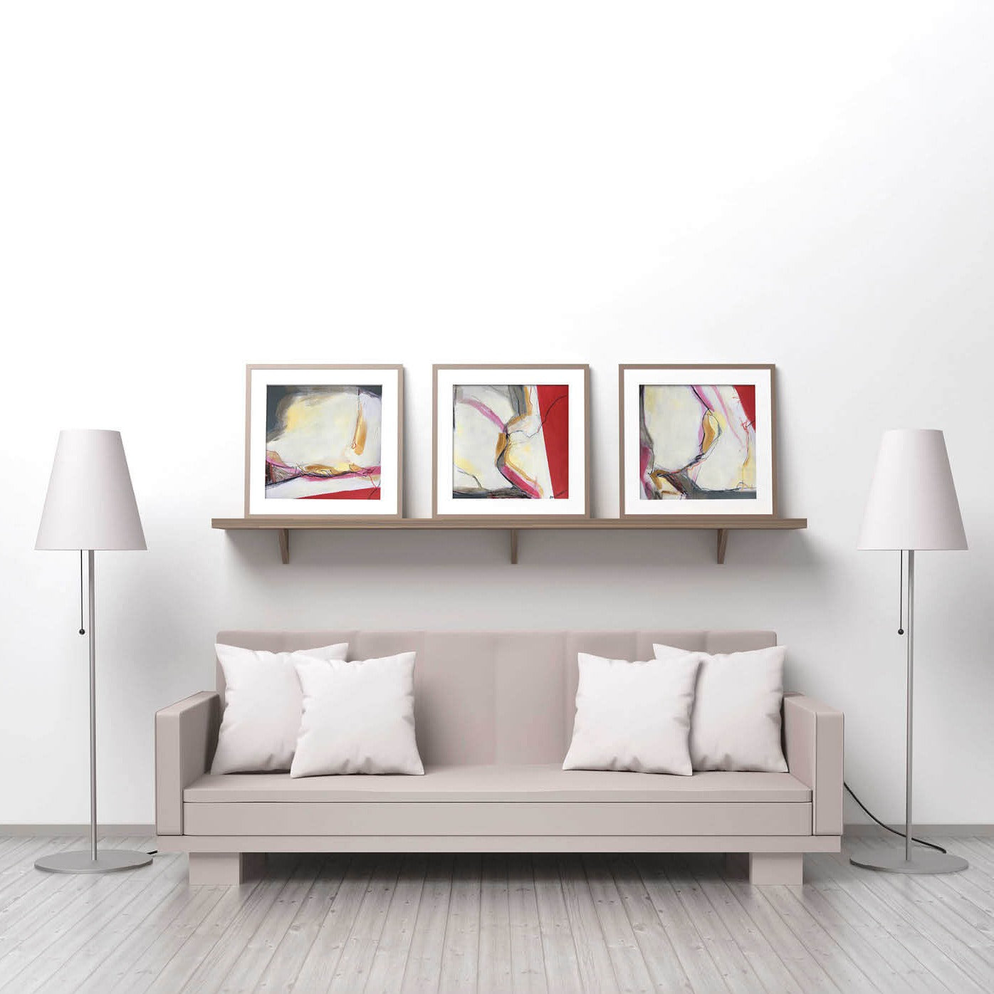 30x30cm 11.8"x11.8" Acrylic | Mixed Media on paper. Contemporary abstract artwork on paper COMPOSITION No.3 by Laura Treimane Saulaja. Intuitive composition in the artist's art practice. One-of-a-kind mixed media artwork in light yellow, white, warm gray, silver, gold, red, and black colors. Mockup by