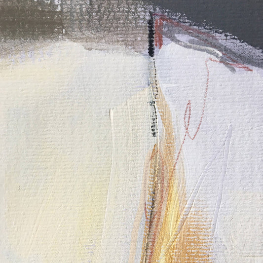 30x30cm 11.8"x11.8" Acrylic | Mixed Media on paper. Contemporary abstract artwork on paper COMPOSITION No.1 by Laura Treimane Saulaja. Intuitive composition in the artist's art practice. One-of-a-kind mixed media artwork in light yellow, white, warm gray, gold, red, and black colors. Detail