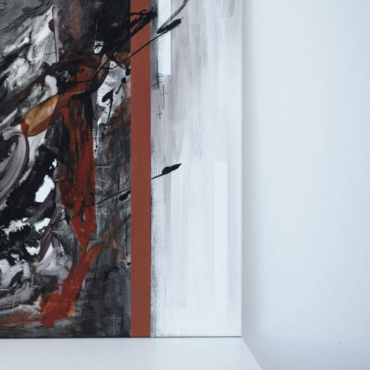 One-of-a-kind abstract artwork. 80x80cm 31.4"x31.4" Acrylic | Mixed Media on canvas painting. Burnt sienna, gray, black and white colors. Stretched canvas. Ready to hang. Unframed. Painting for modern interiors. Detail