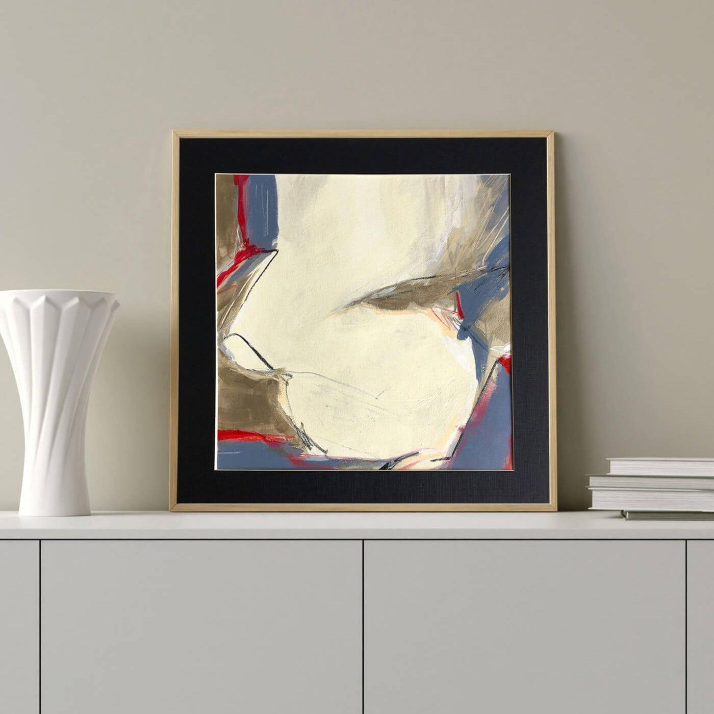 One-of-a-kind mixed media artwork HOLIDAY LANDSCAPE on paper in white, red, and black colors. Intuitive and dynamic composition in the artist's art practice. Framed in black, matt paper frame. Mockup