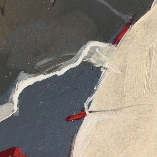 One-of-a-kind mixed media artwork HOLIDAY LANDSCAPE on paper in white, red, and black colors. Intuitive and dynamic composition in the artist's art practice. Framed in black, matt paper frame. Detail