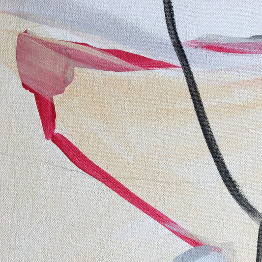 One-of-a-kind abstract painting CHANGES IN MOVEMENT. MORNING 90x90cm 35.4"x35.4" Acrylic | Mixed Media on canvas. Gray, red, burnt sienna, and white colors. Stretched canvas. Ready to hang. Unframed. Painting for modern interiors. The artist's story is about changes in movement and what is going on right now. Contemporary painting. Detail