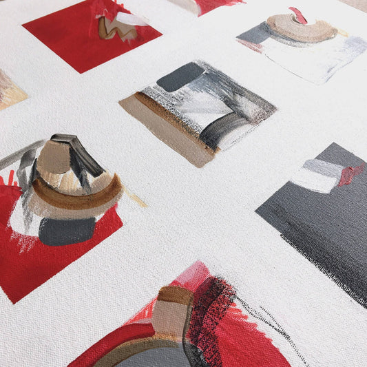 One-of-a-kind abstract painting SERIES OF STORIES by Laura Treimane Saulaja. 80x80cm 31.4"x31.4" Acrylic | Mixed Media on canvas. Gray, red, burnt sienna, black and white colors. Stretched canvas. Ready to hang. Unframed. Painting for modern interiors. Contemporary painting. Detail