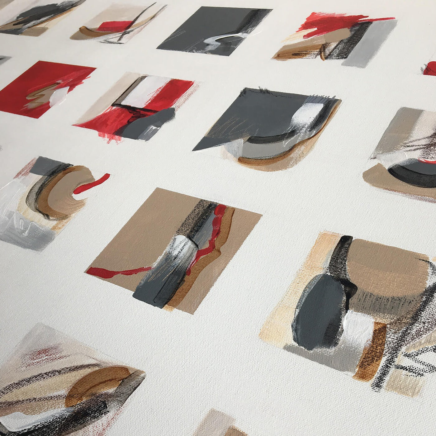 One-of-a-kind abstract painting SERIES OF STORIES by Laura Treimane Saulaja. 80x80cm 31.4"x31.4" Acrylic | Mixed Media on canvas. Gray, red, burnt sienna, black and white colors. Stretched canvas. Ready to hang. Unframed. Painting for modern interiors. Contemporary painting. Detail