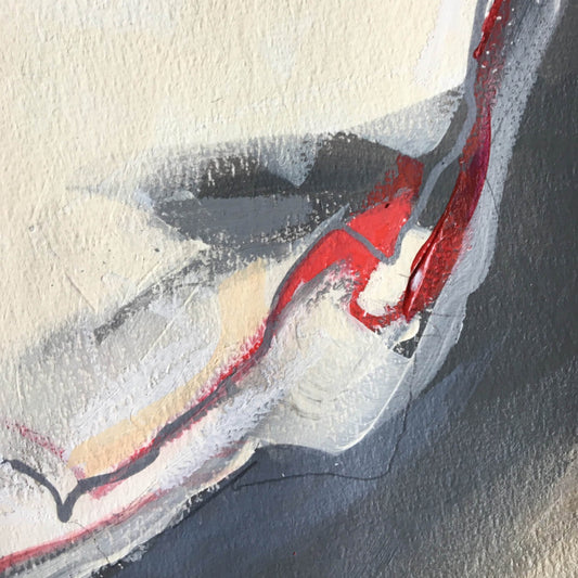 One-of-a-kind mixed media artwork on paper in white, red, and black colors. Intuitive and dynamic composition in the artist's art practice. Framed in black, matt paper frame. Detail