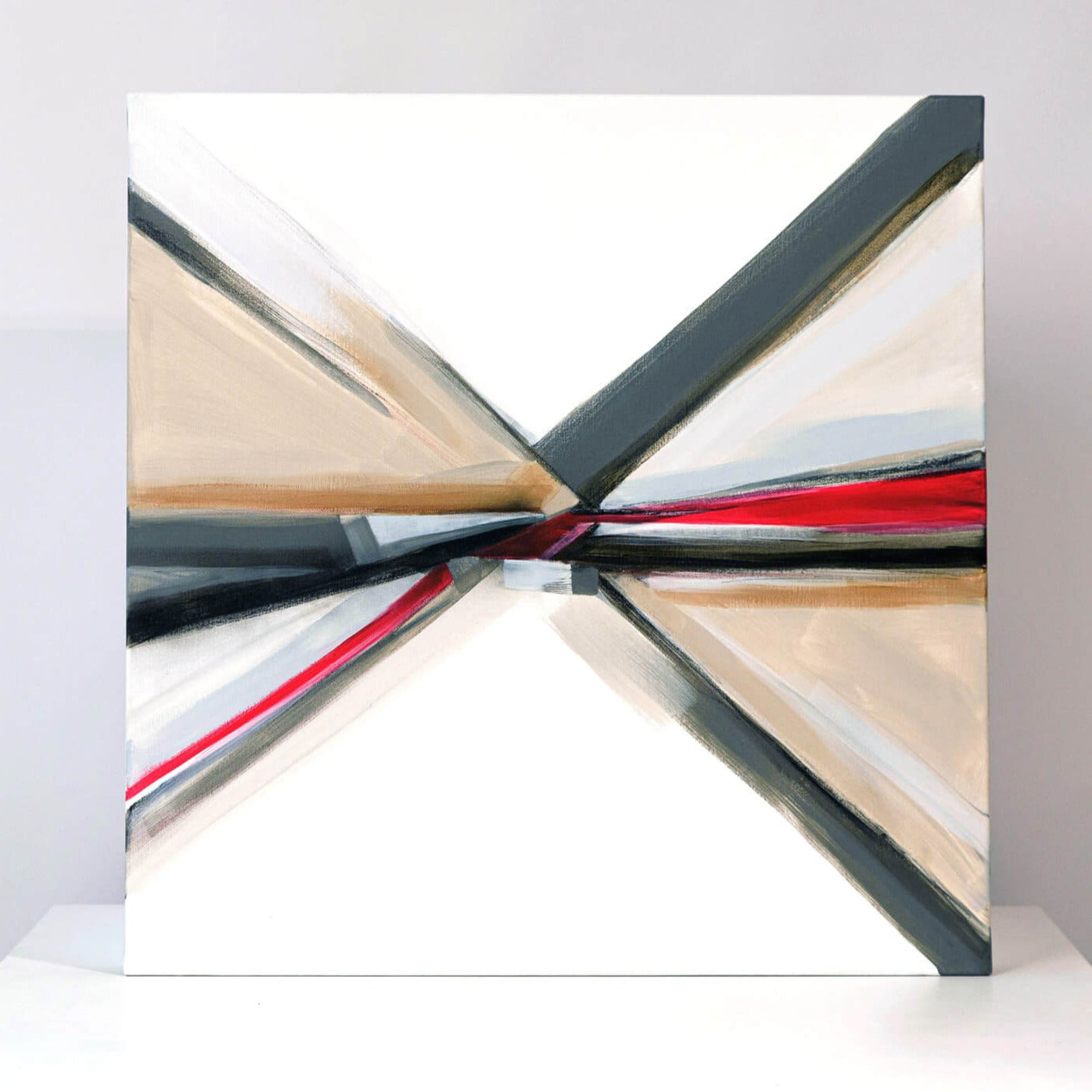 One-of-a-kind abstract painting CROSSROADS ROADS by Laura Treimane Saulaja. 80x80cm 31.4"x31.4" Acrylic | Mixed Media on canvas. Gray, red, burnt sienna, black and white colors. Stretched canvas. Ready to hang. Unframed. Painting for modern interiors. Contemporary painting.