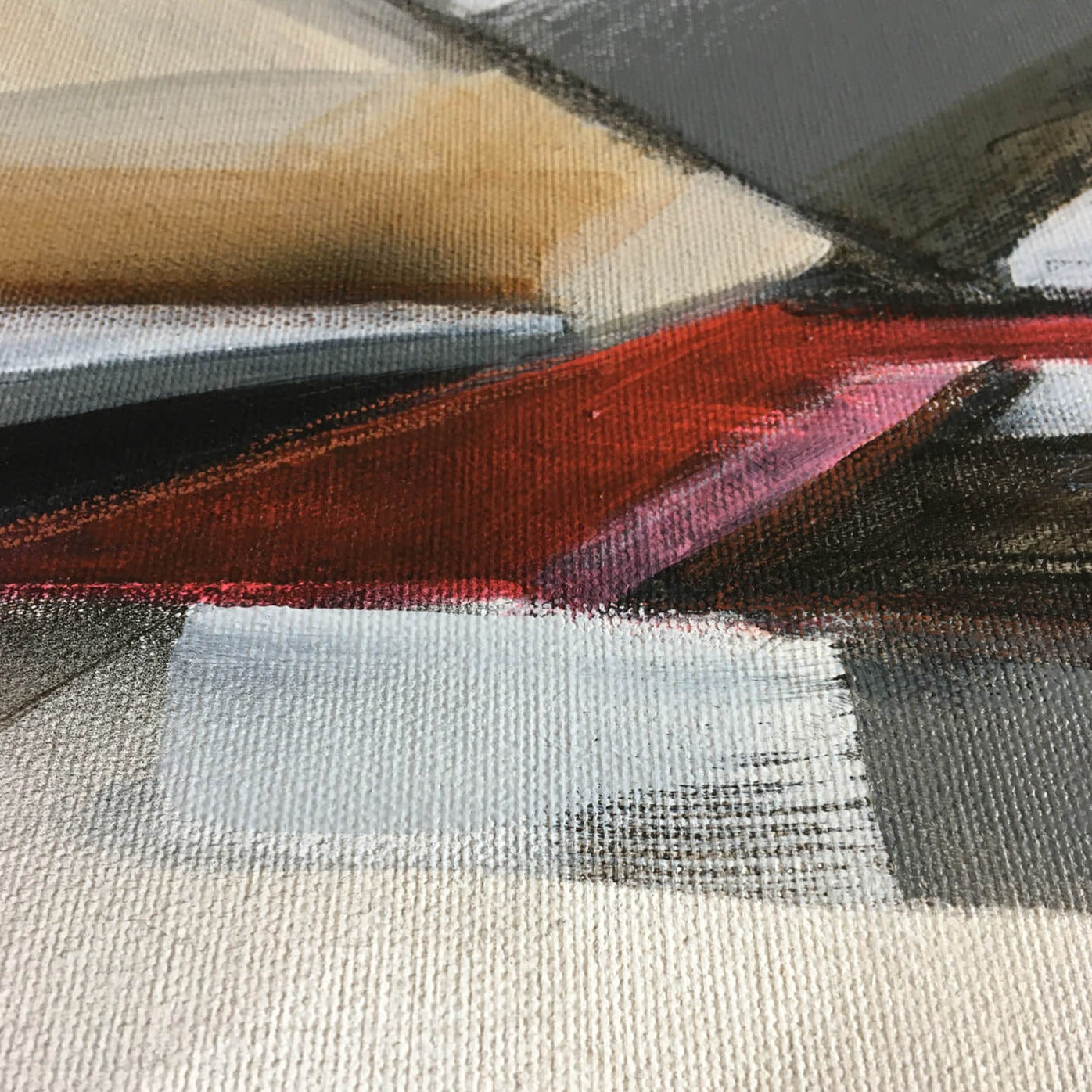 One-of-a-kind abstract painting CROSSROADS ROADS by Laura Treimane Saulaja. 80x80cm 31.4"x31.4" Acrylic | Mixed Media on canvas. Gray, red, burnt sienna, black and white colors. Stretched canvas. Ready to hang. Unframed. Painting for modern interiors. Contemporary painting. Close up