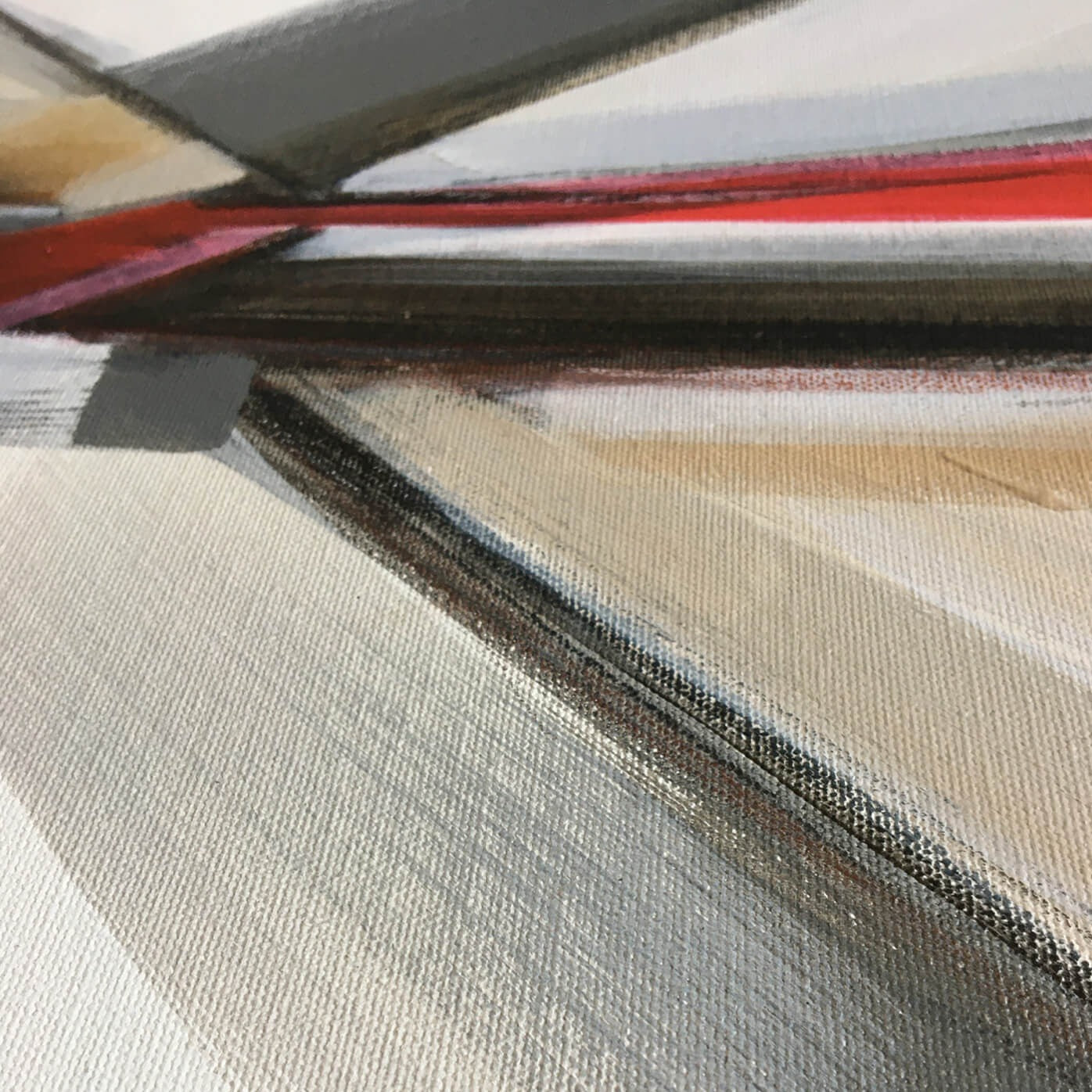 One-of-a-kind abstract painting CROSSROADS ROADS by Laura Treimane Saulaja. 80x80cm 31.4"x31.4" Acrylic | Mixed Media on canvas. Gray, red, burnt sienna, black and white colors. Stretched canvas. Ready to hang. Unframed. Painting for modern interiors. Contemporary painting. Close up