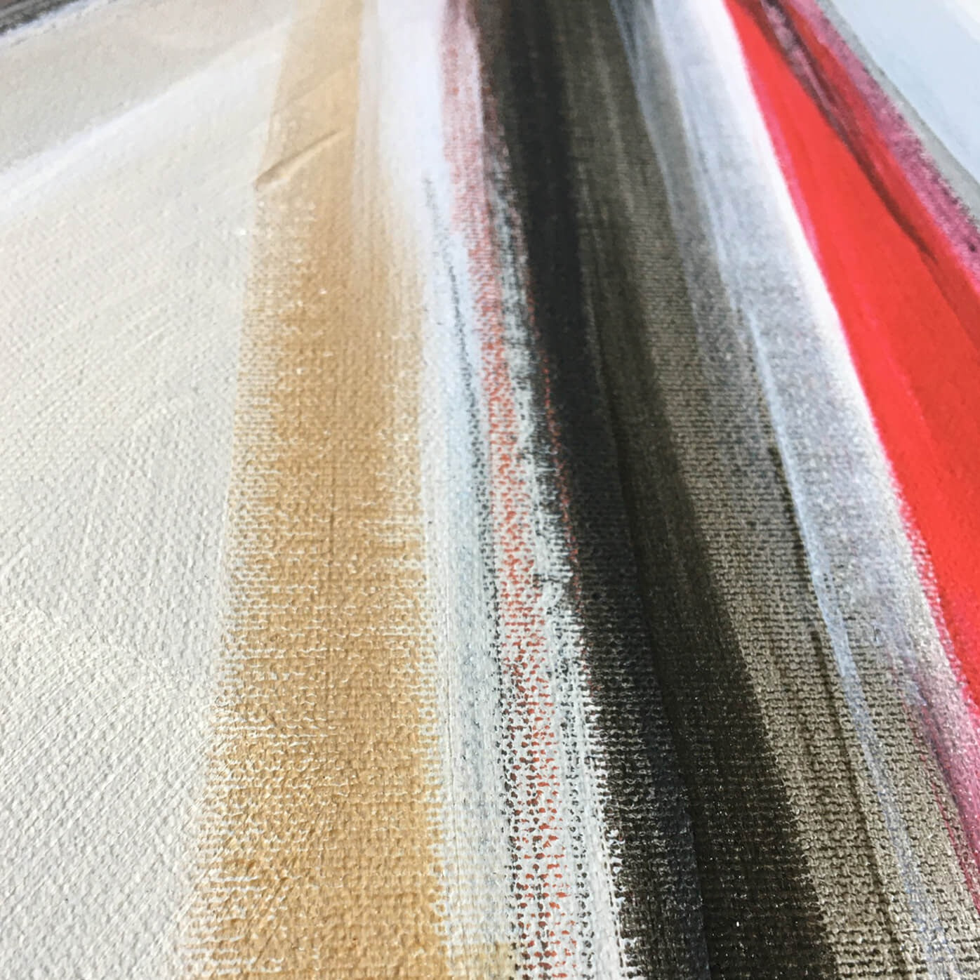 One-of-a-kind abstract painting CROSSROADS ROADS by Laura Treimane Saulaja. 80x80cm 31.4"x31.4" Acrylic | Mixed Media on canvas. Gray, red, burnt sienna, black and white colors. Stretched canvas. Ready to hang. Unframed. Painting for modern interiors. Contemporary painting. Detail