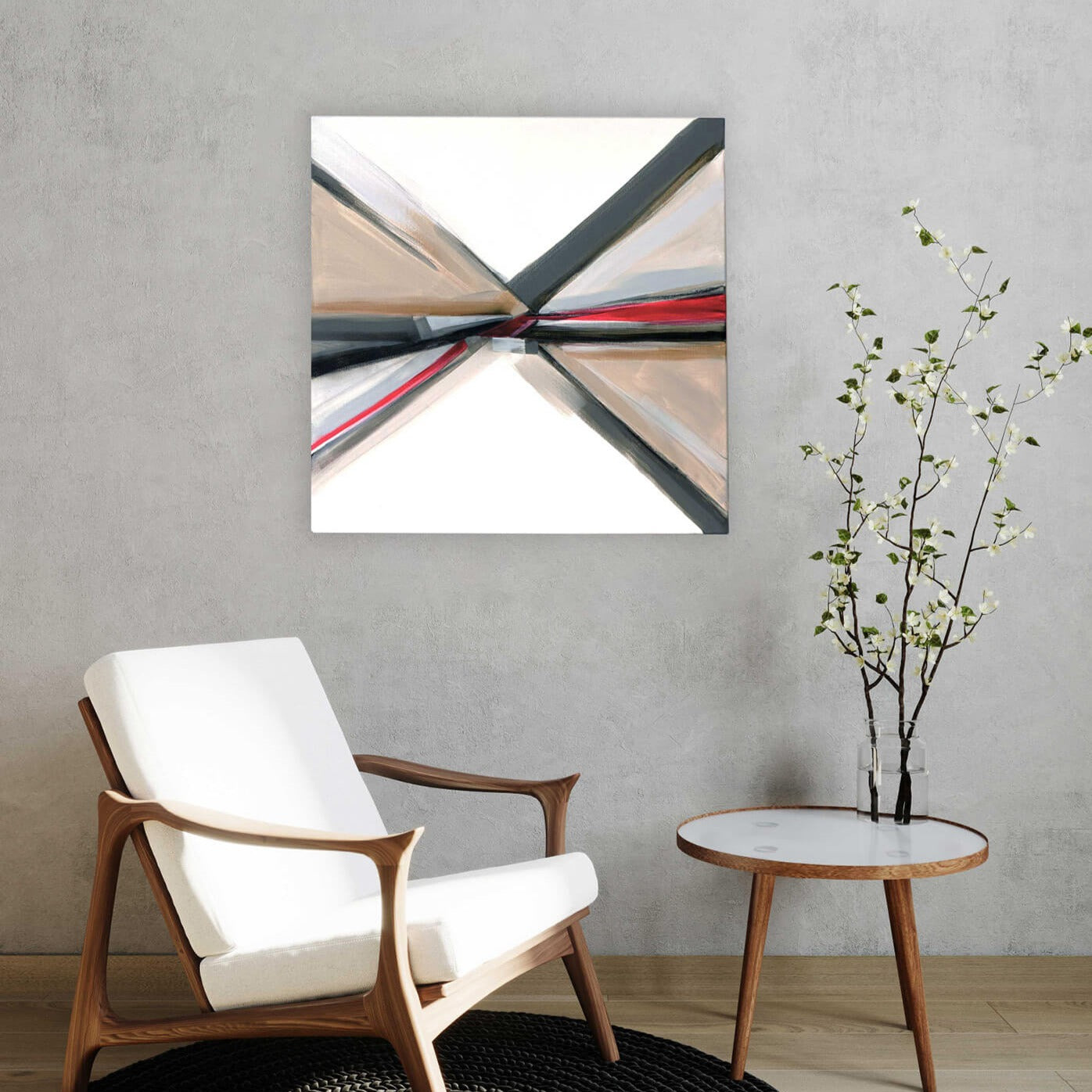 One-of-a-kind abstract painting CROSSROADS ROADS by Laura Treimane Saulaja. 80x80cm 31.4"x31.4" Acrylic | Mixed Media on canvas. Gray, red, burnt sienna, black and white colors. Stretched canvas. Ready to hang. Unframed. Painting for modern interiors. Contemporary painting. Mockup by Liliia