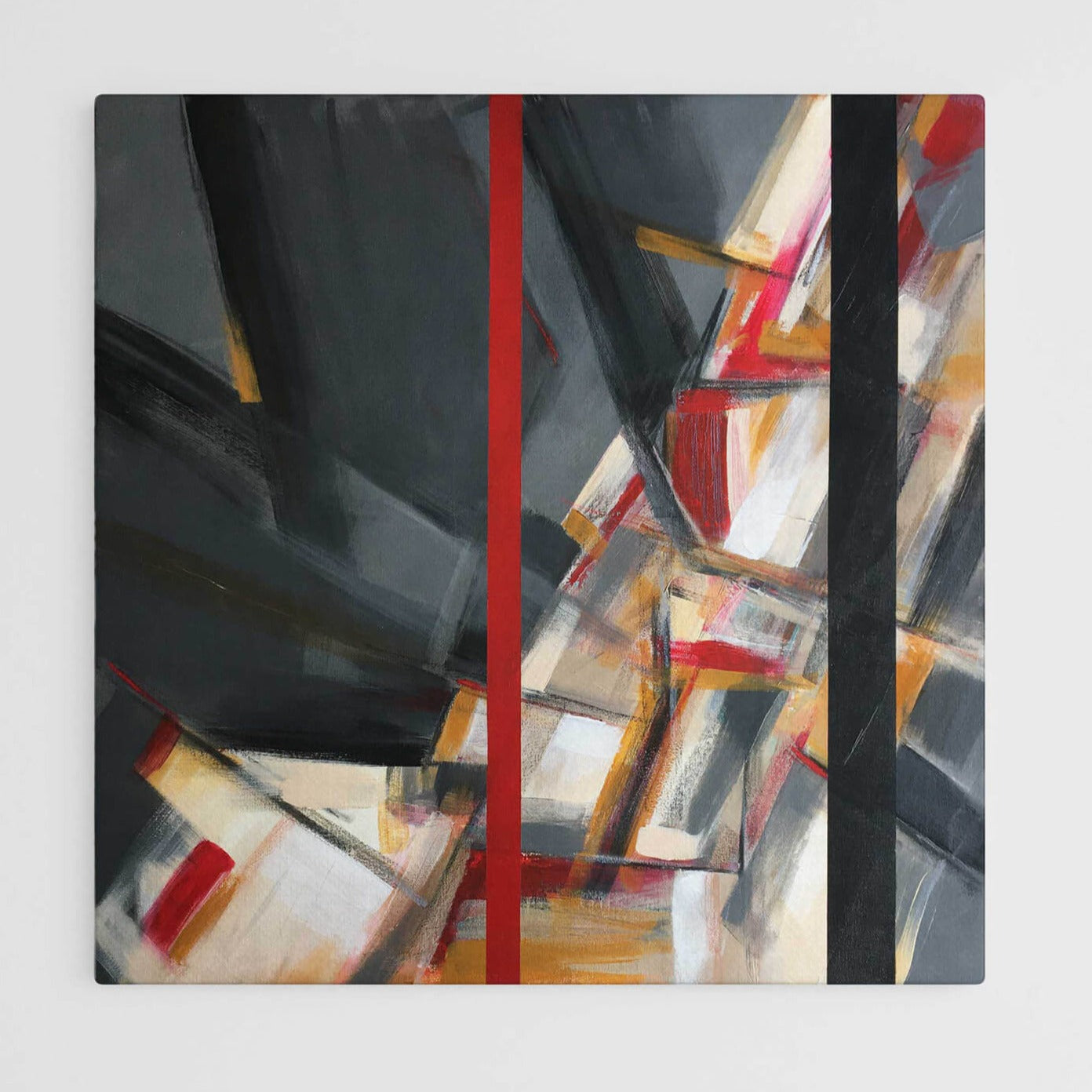 One-of-a-kind abstract painting DEMARCATE by Laura Treimane Saulaja. 80x80cm 31.4"x31.4" Acrylic | Mixed Media on canvas. Gray, red, orange, black, and white colors. Stretched canvas. Ready to hang. Unframed. Painting for modern interiors. Contemporary painting.