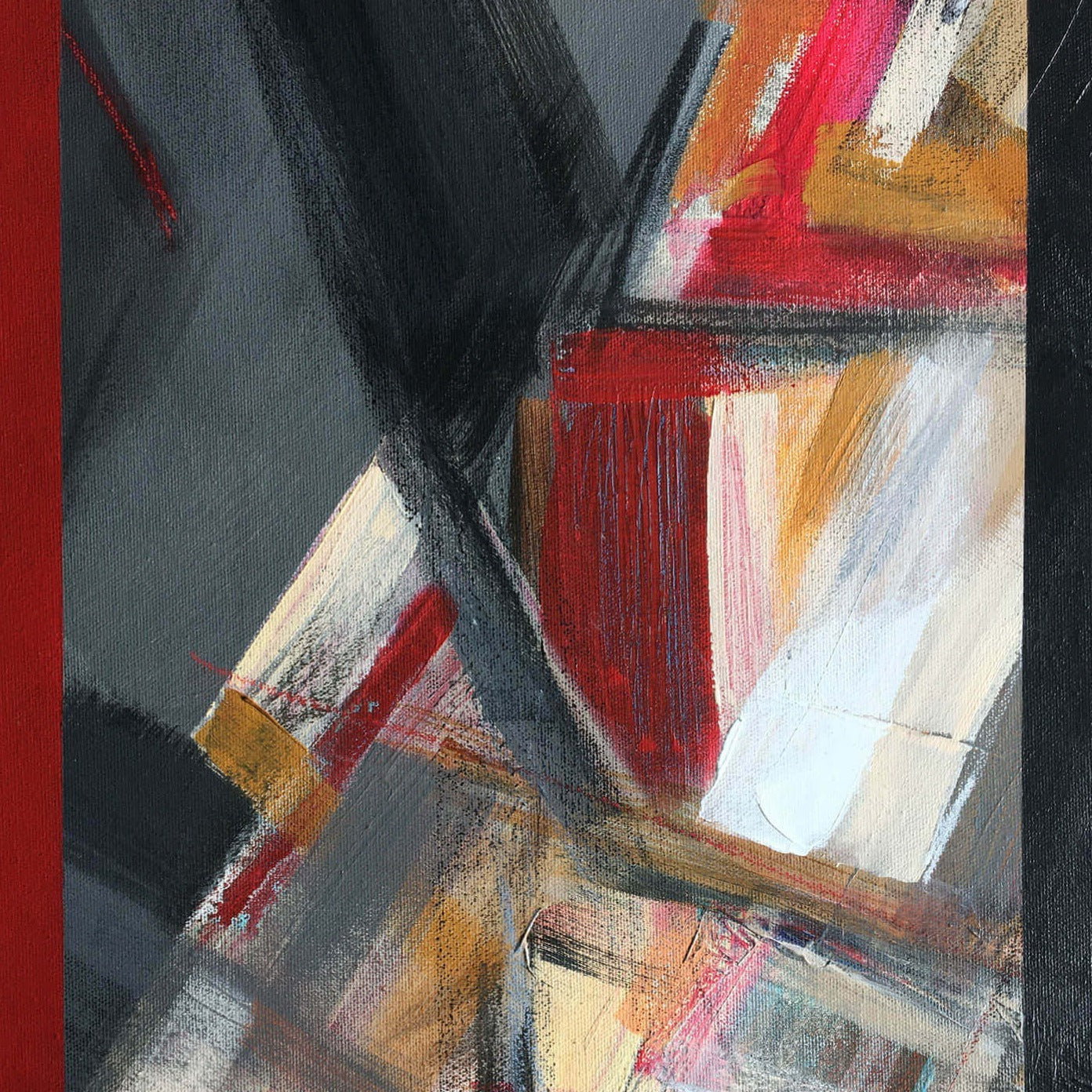 One-of-a-kind abstract painting DEMARCATE by Laura Treimane Saulaja. 80x80cm 31.4"x31.4" Acrylic | Mixed Media on canvas. Gray, red, orange, black, and white colors. Stretched canvas. Ready to hang. Unframed. Painting for modern interiors. Contemporary painting. Detail