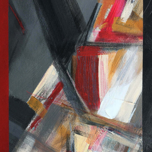 One-of-a-kind abstract painting DEMARCATE by Laura Treimane Saulaja. 80x80cm 31.4"x31.4" Acrylic | Mixed Media on canvas. Gray, red, orange, black, and white colors. Stretched canvas. Ready to hang. Unframed. Painting for modern interiors. Contemporary painting. Detail