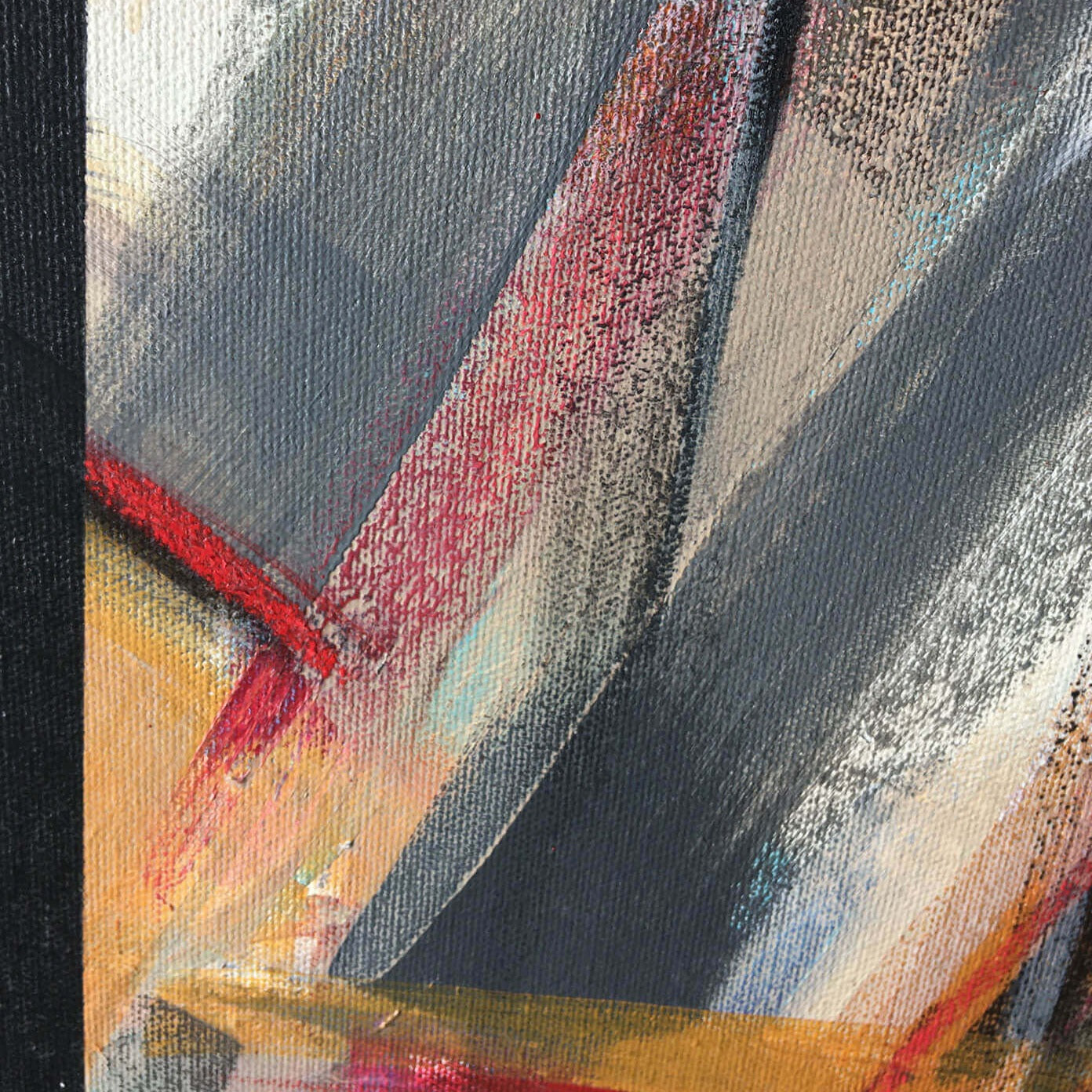 One-of-a-kind abstract painting DEMARCATE by Laura Treimane Saulaja. 80x80cm 31.4"x31.4" Acrylic | Mixed Media on canvas. Gray, red, orange, black, and white colors. Stretched canvas. Ready to hang. Unframed. Painting for modern interiors. Contemporary painting. Close up