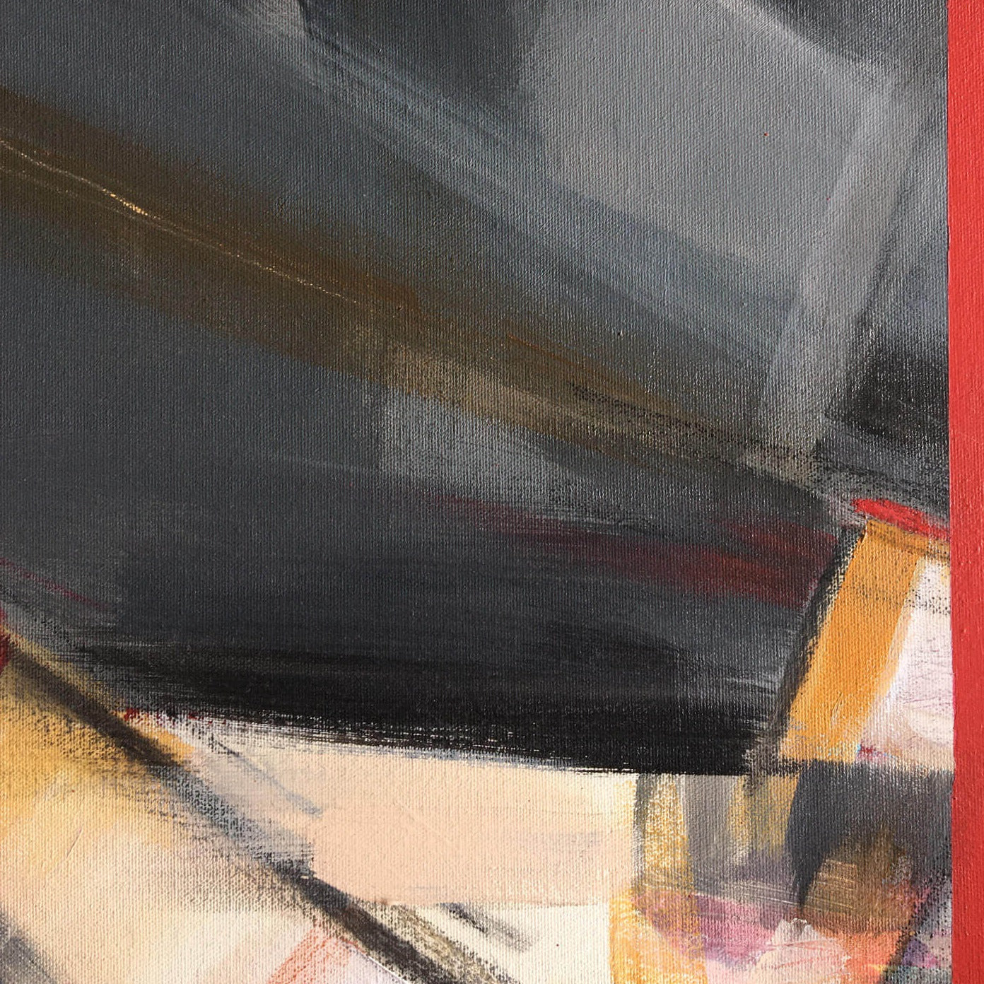 One-of-a-kind abstract painting DEMARCATE by Laura Treimane Saulaja. 80x80cm 31.4"x31.4" Acrylic | Mixed Media on canvas. Gray, red, orange, black, and white colors. Stretched canvas. Ready to hang. Unframed. Painting for modern interiors. Contemporary painting. Detail