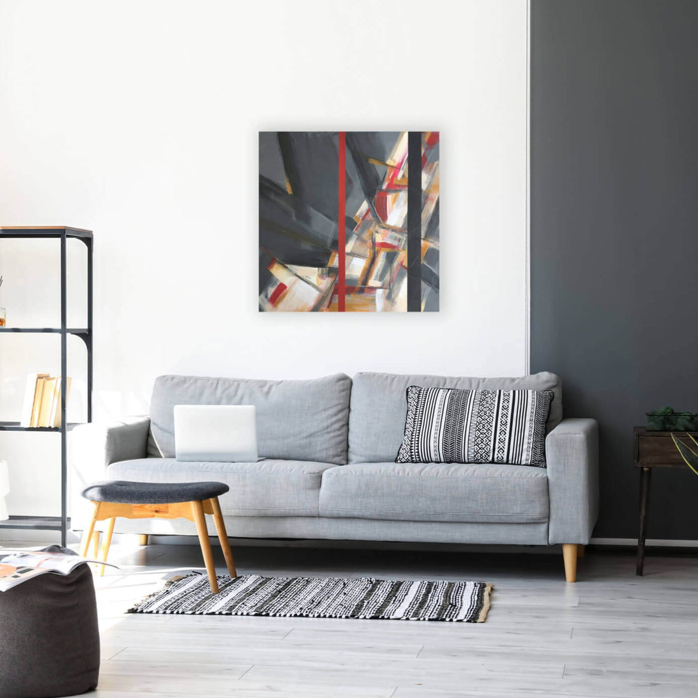 One-of-a-kind abstract painting DEMARCATE by Laura Treimane Saulaja. 80x80cm 31.4"x31.4" Acrylic | Mixed Media on canvas. Gray, red, orange, black, and white colors. Stretched canvas. Ready to hang. Unframed. Painting for modern interiors. Contemporary painting. Mockup example