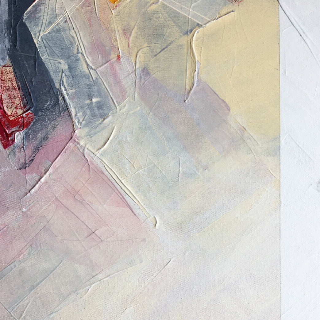 One-of-a-kind abstract painting ON THE OTHER SIDE by Laura Treimane Saulaja. 80x80cm 31.4"x31.4" Acrylic | Mixed Media on canvas. Gray, red, orange, yellow, and white colors. Stretched canvas. Ready to hang. Unframed. Painting for modern interiors. Contemporary painting. Close up