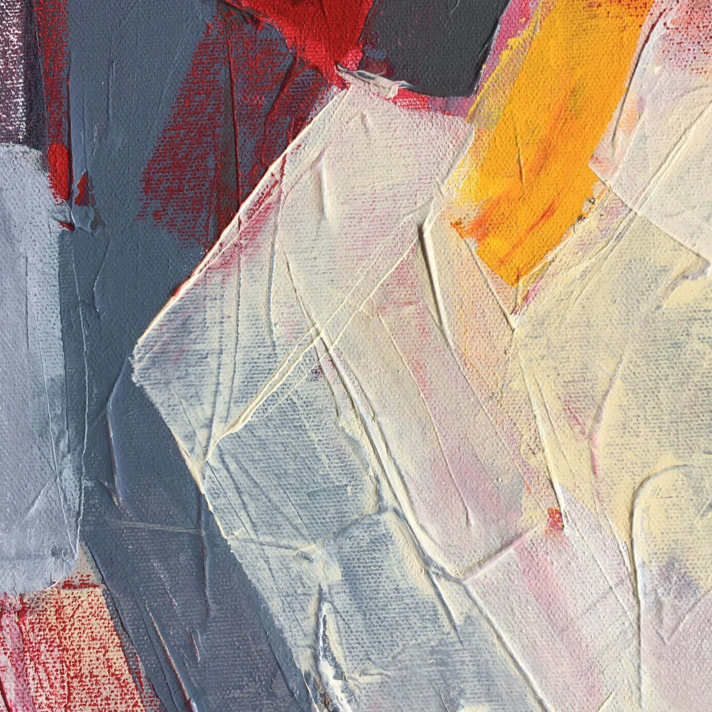 One-of-a-kind abstract painting ON THE OTHER SIDE by Laura Treimane Saulaja. 80x80cm 31.4"x31.4" Acrylic | Mixed Media on canvas. Gray, red, orange, yellow, and white colors. Stretched canvas. Ready to hang. Unframed. Painting for modern interiors. Contemporary painting. Close up