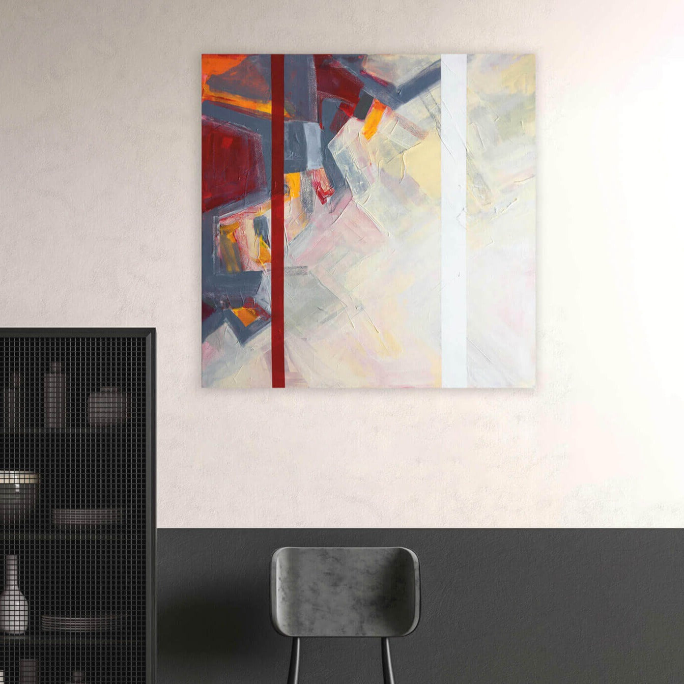 One-of-a-kind abstract painting ON THE OTHER SIDE by Laura Treimane Saulaja. 80x80cm 31.4"x31.4" Acrylic | Mixed Media on canvas. Gray, red, orange, yellow, and white colors. Stretched canvas. Ready to hang. Unframed. Painting for modern interiors. Contemporary painting. Mockup