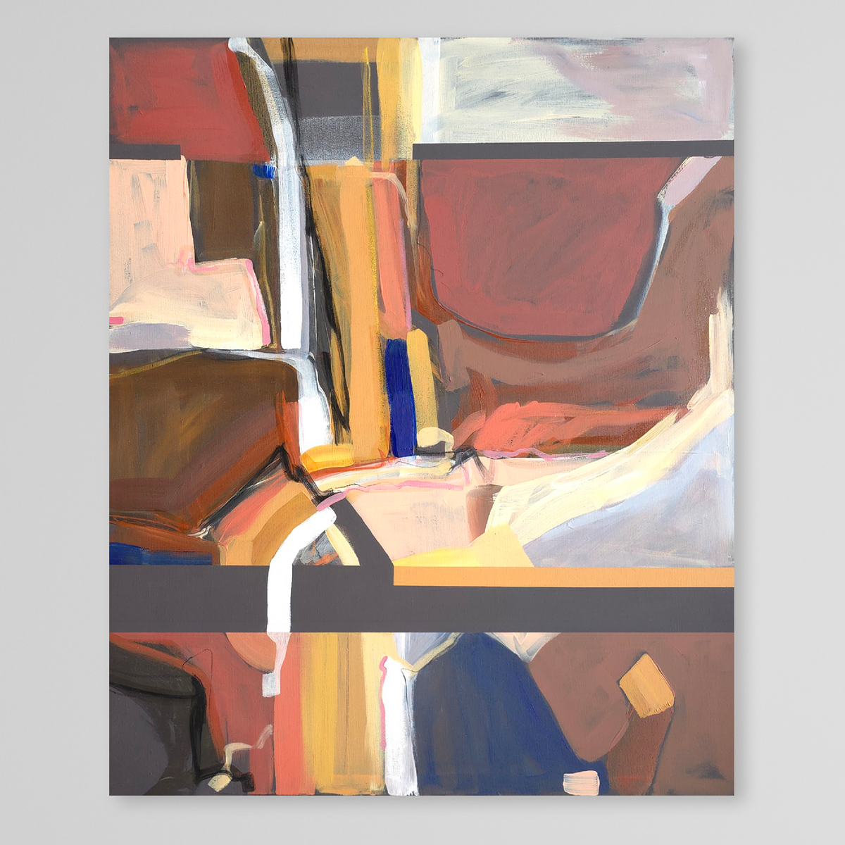 An abstract canvas painting featuring a geometric composition of warm earth tones, including terracotta, brown, ochre yellow, cream, and touches of blue and gray, displayed against a neutral light gray background.