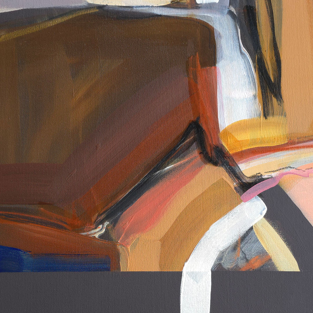 Abstract painting with layered brushstrokes in brown, orange, cream, white, black, and touches of pink and blue, with a dark gray band across the bottom.