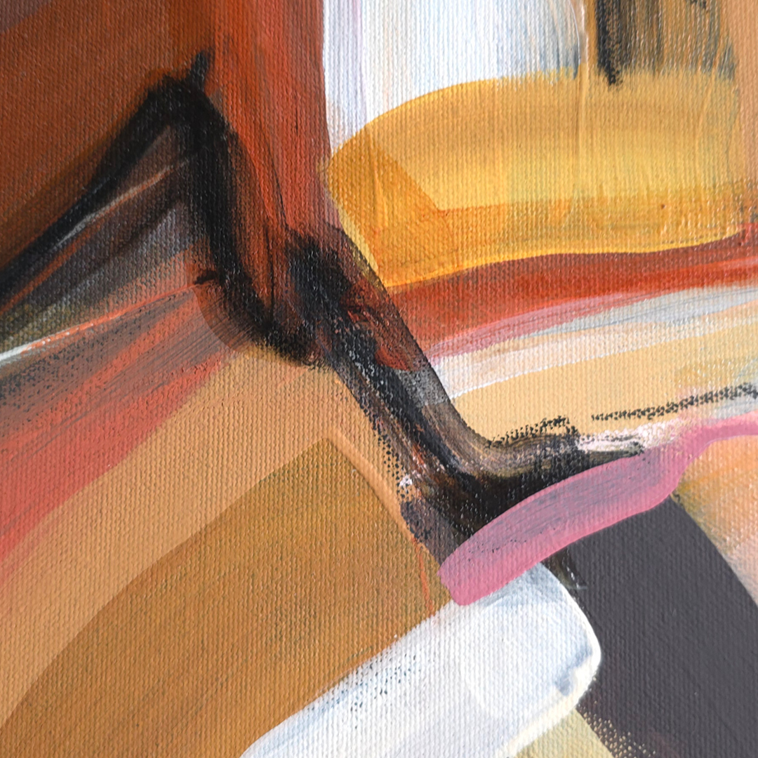 Abstract painting with expressive brushstrokes in terracotta, orange, tan, white, black, pink, and gray.