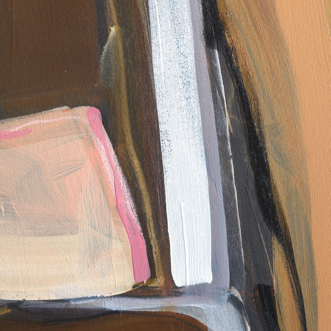 Abstract painting with thick brushstrokes in brown, white, black, tan, pink, and a small blue area.
