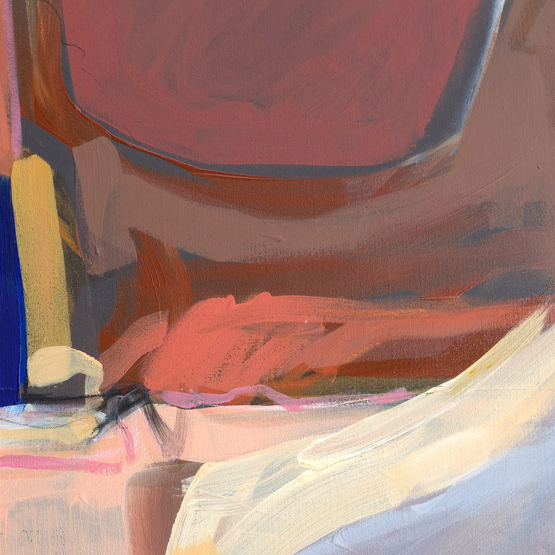 Abstract painting with broad brushstrokes in dusty red, mauve, brown, cream, pale blue, and touches of yellow and black.