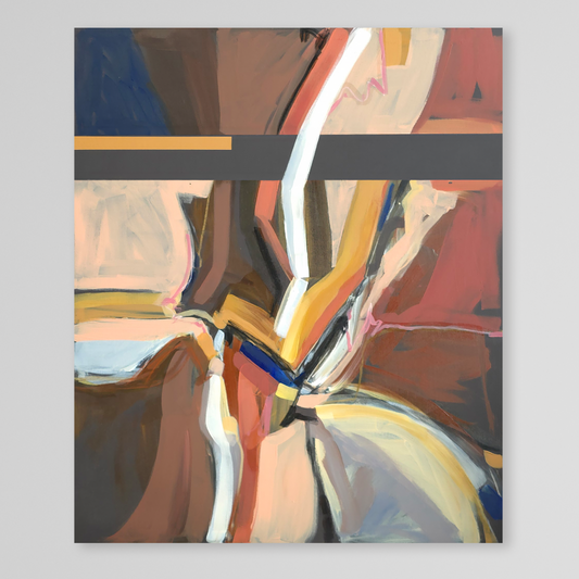An abstract canvas painting featuring a modern geometric composition with brushstrokes in brown, beige, terracotta, navy, yellow, and white, presented on a neutral gray background.