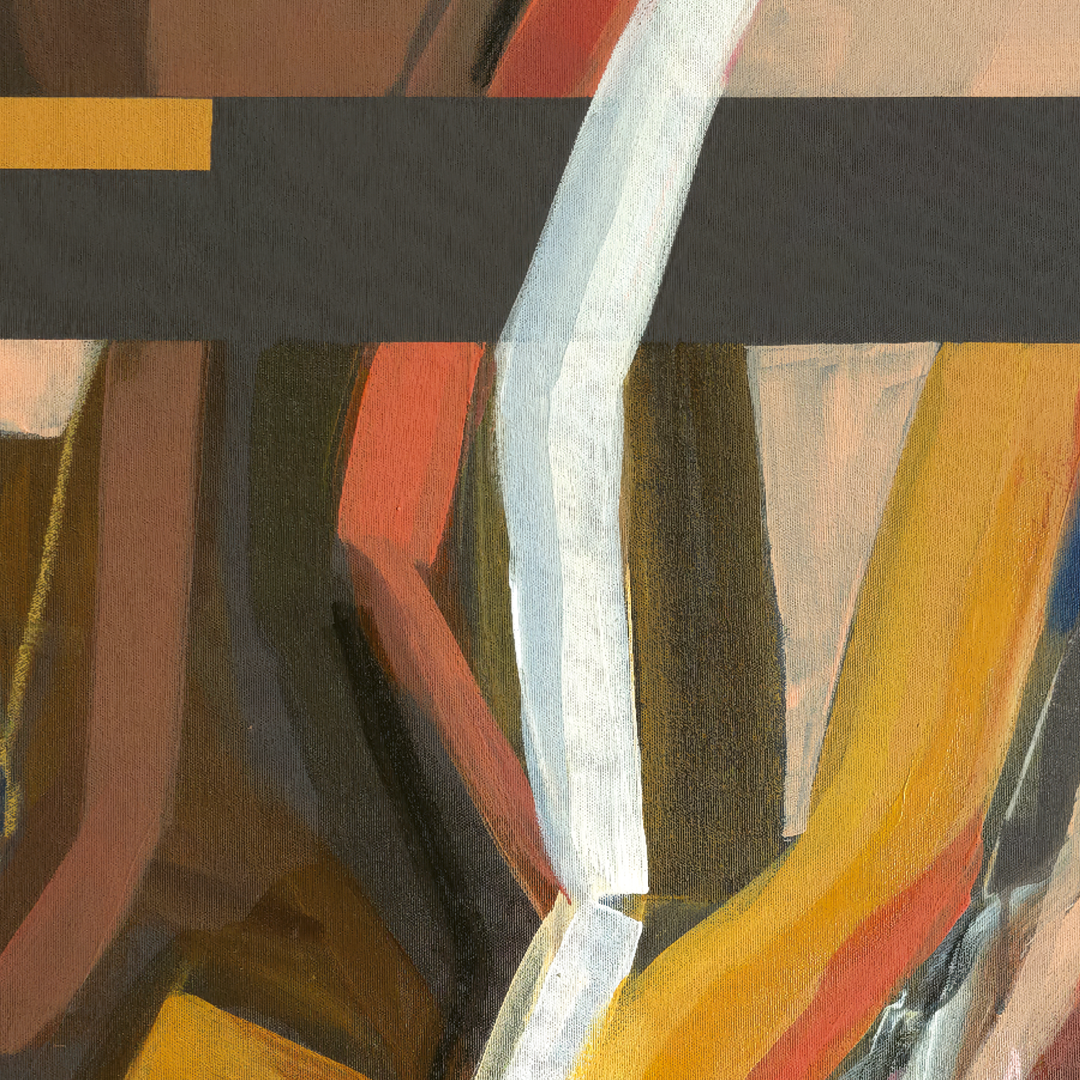 Abstract painting with bold brushstrokes in yellow, orange, brown, black, white, and pink, featuring geometric color blocks and layered organic shapes.
