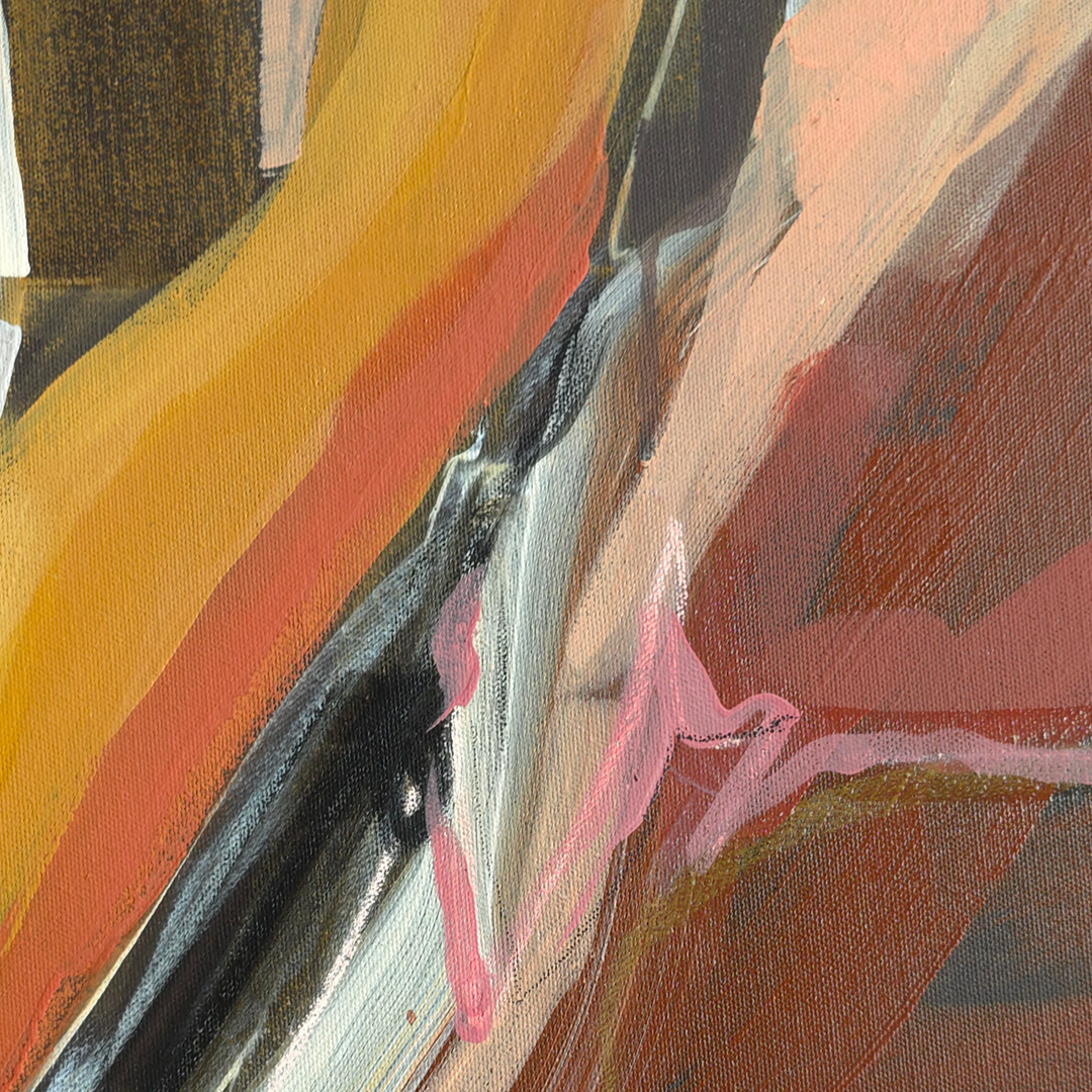 Abstract painting with thick brushstrokes in warm orange, yellow, red, pink, brown, black, and white tones.