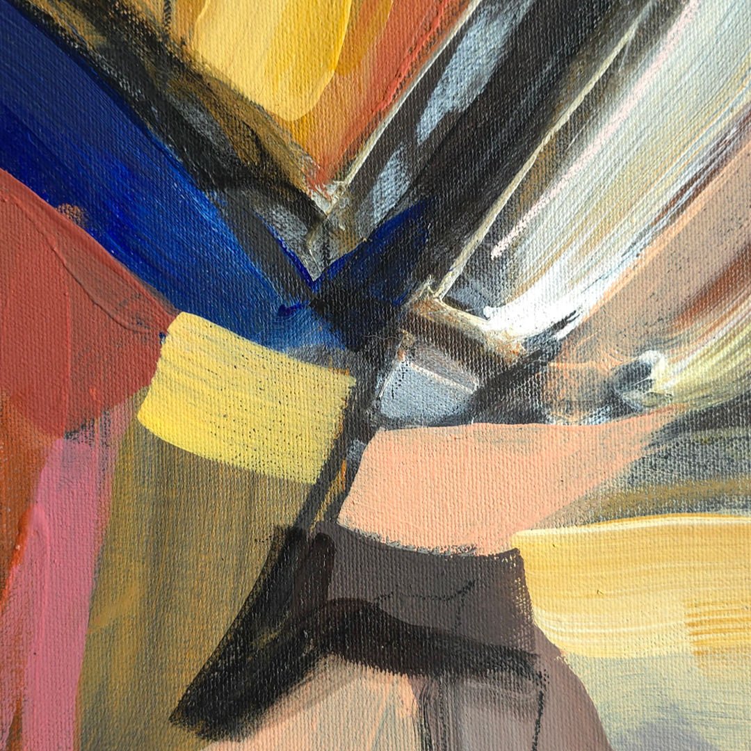Abstract expressionist painting with thick brushstrokes in yellow, blue, pink, orange, black, and white, featuring a central geometric intersection of dark and light tones.