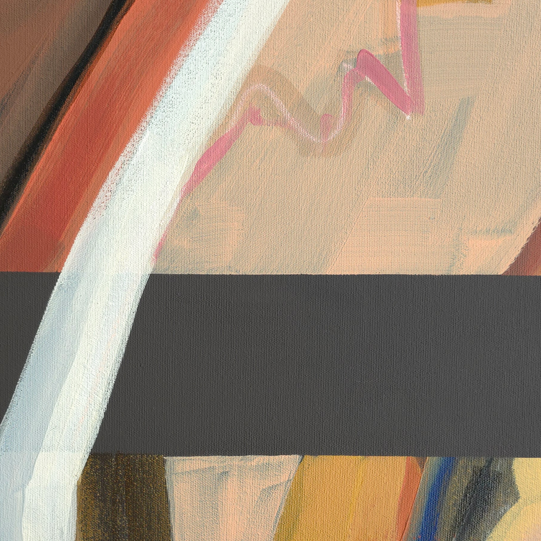 Abstract painting with textured brushstrokes in terracotta, cream, pink, yellow, blue, and a wide dark charcoal horizontal band across the center.