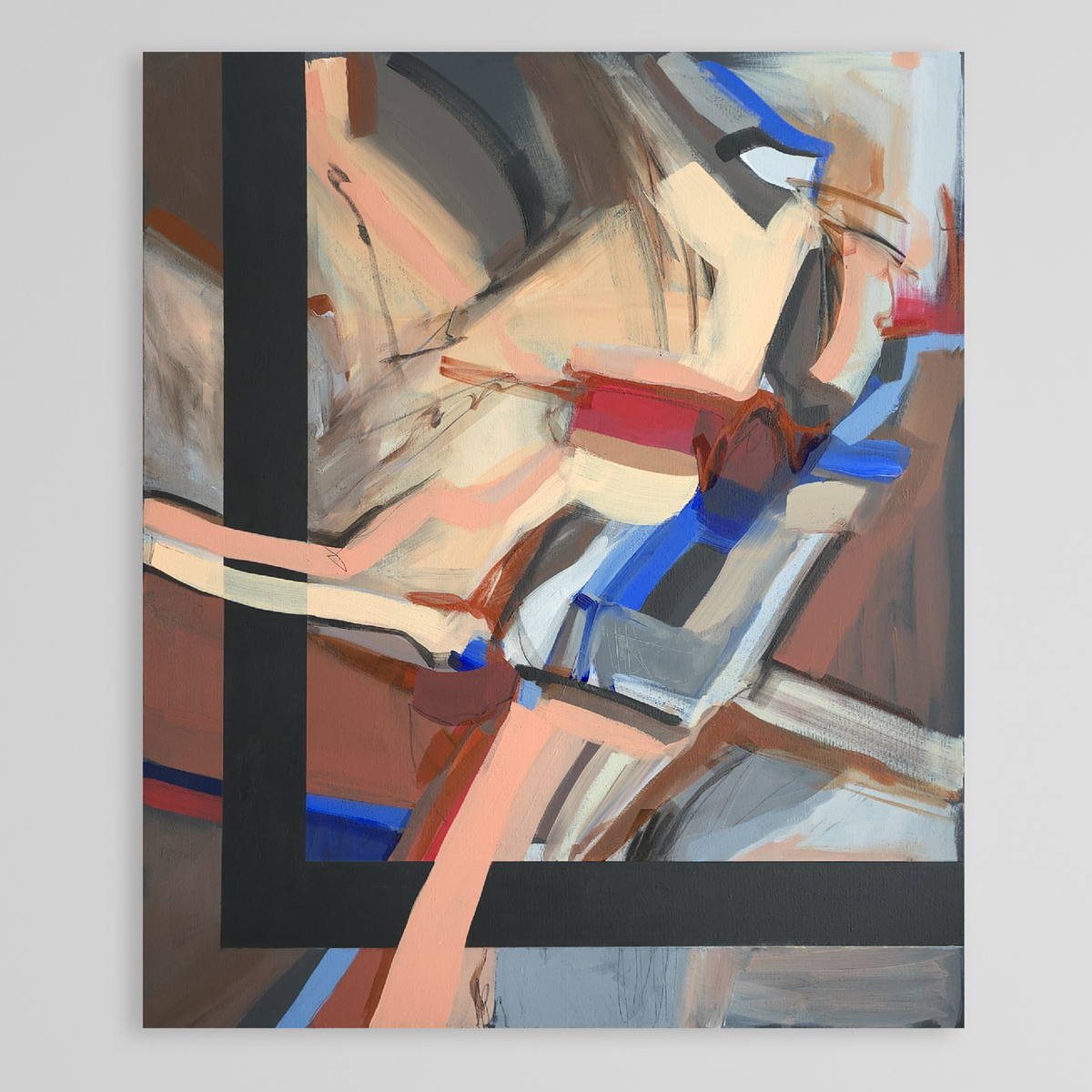 An abstract canvas painting featuring expressive brushstrokes in beige, brown, black, blue, red, and gray, displayed against a neutral light gray wall.