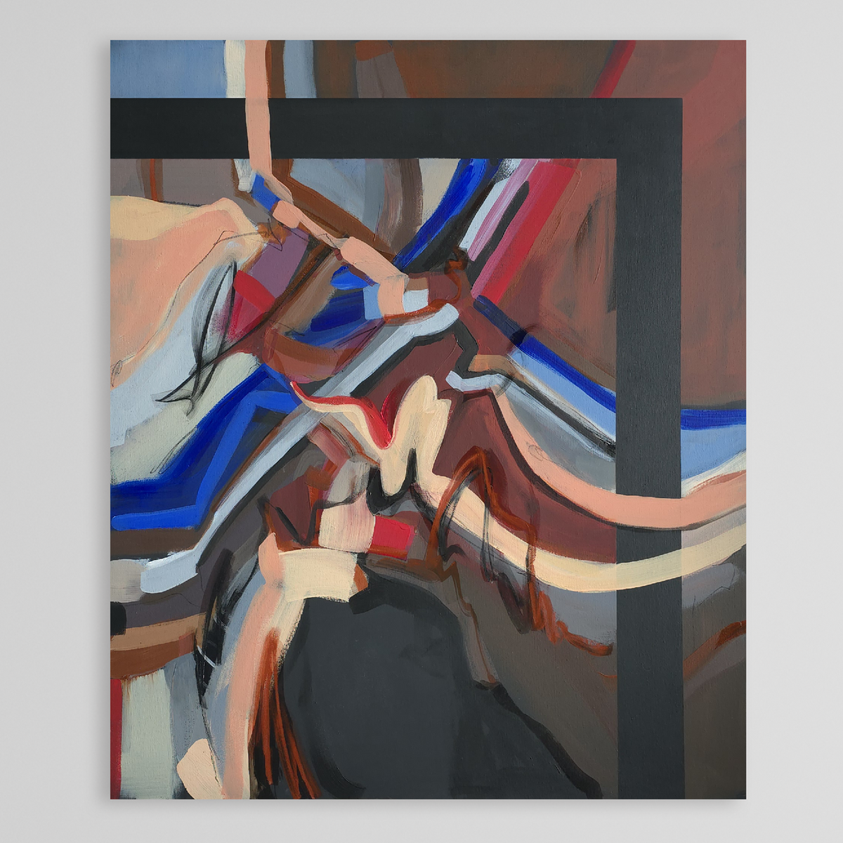 An abstract canvas painting featuring expressive brushstrokes in brown, beige, blue, red, black, and gray, presented on a light gray wall.