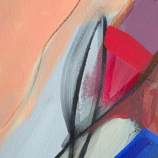 Abstract painting with expressive brushstrokes in peach, lavender, red, blue, white, and black.