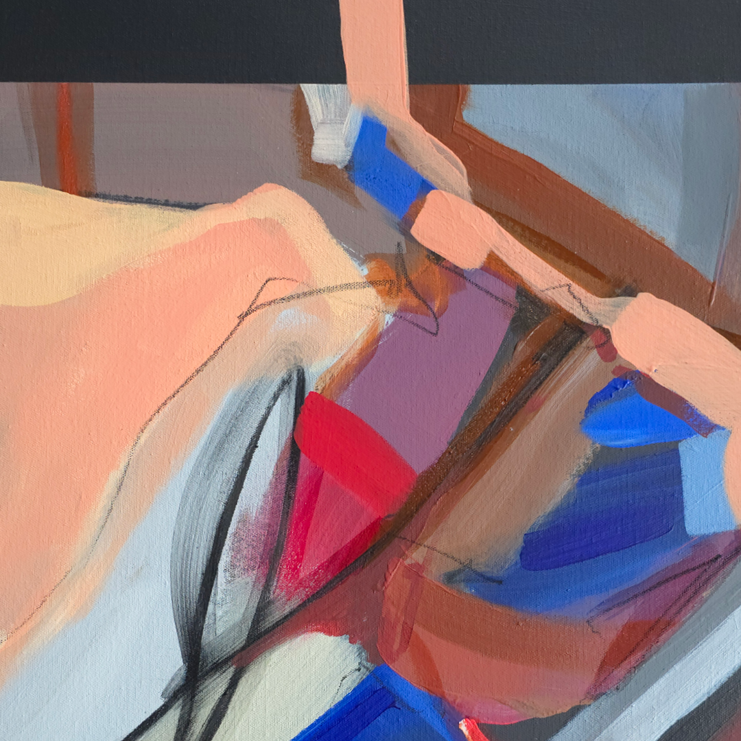 Abstract painting with expressive brushstrokes in peach, blue, red, brown, gray, and black, depicting a close-up scene with a dark horizontal band at the top.