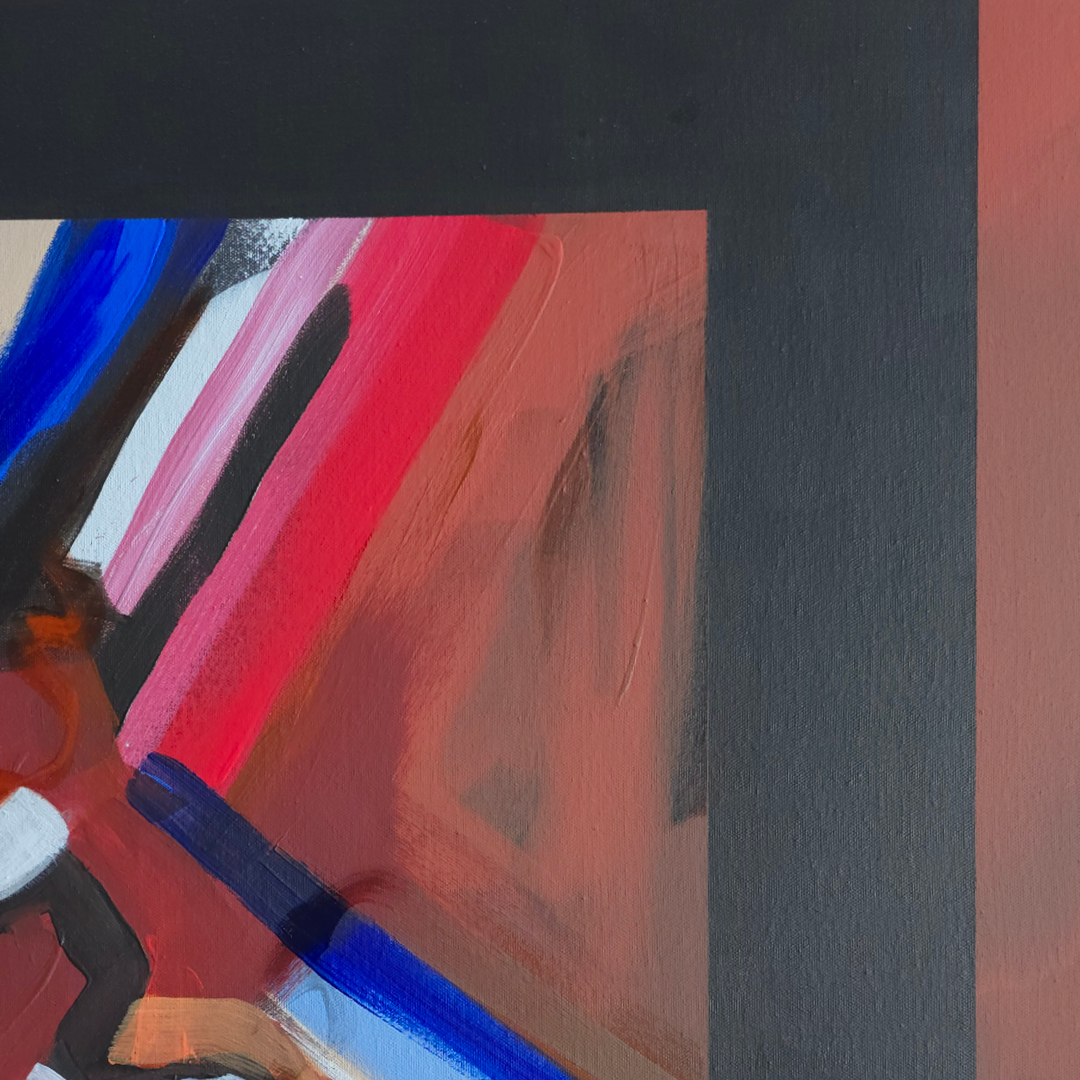 Abstract painting with bold brushstrokes in red, pink, blue, black, white, and brown tones, showing a dark charcoal border around the artwork.