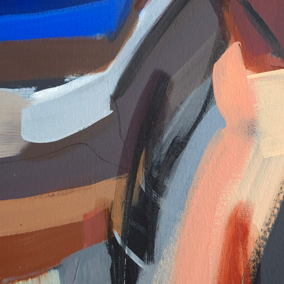 Abstract painting with expressive brushstrokes in blue, white, gray, black, terracotta, peach, and brown.