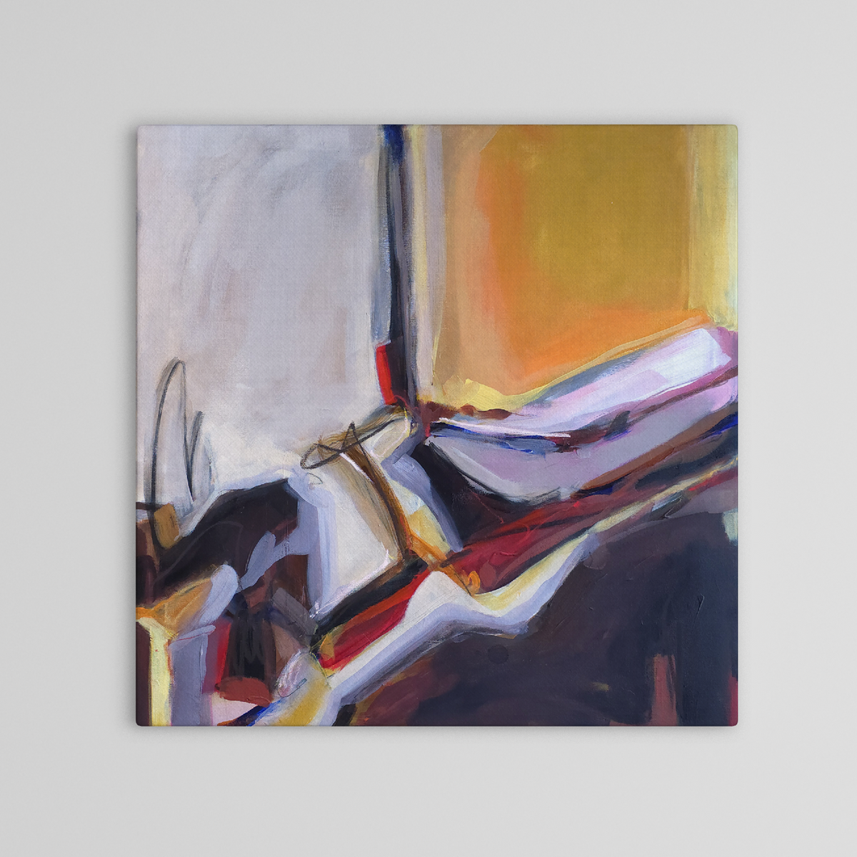 An abstract canvas painting featuring expressive brushstrokes in yellow, orange, white, purple, red, and dark brown tones, displayed against a neutral light gray background.