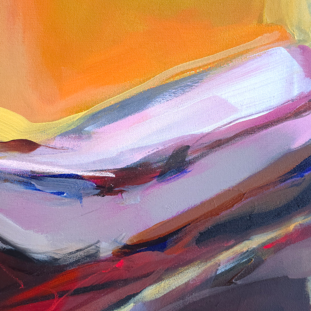 Abstract painting with broad brushstrokes in warm yellow, orange, white, pink, red, blue, and gray tones.
