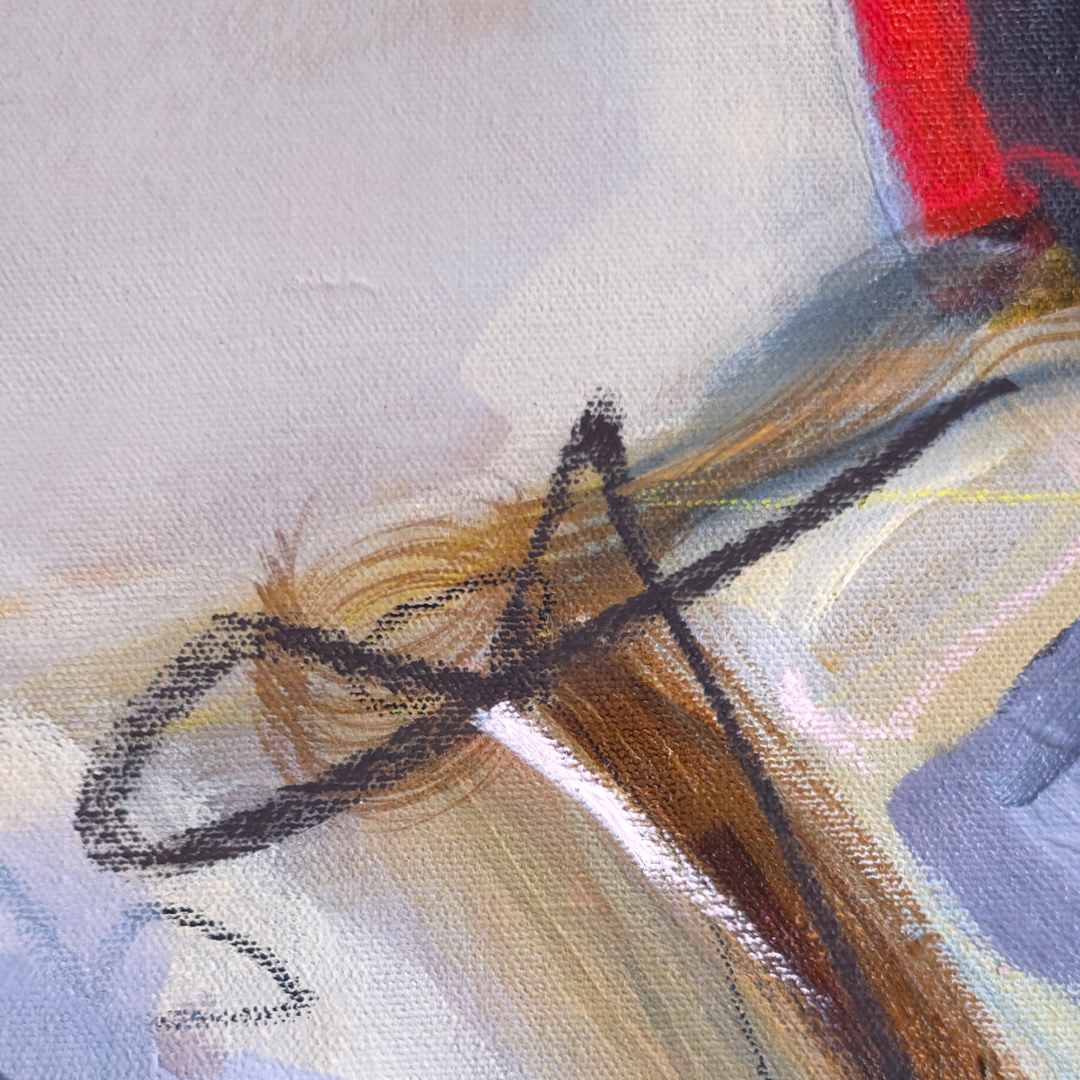 Abstract painting detail showing textured canvas with expressive brushstrokes in cream, beige, brown, black, blue, and a small red area.