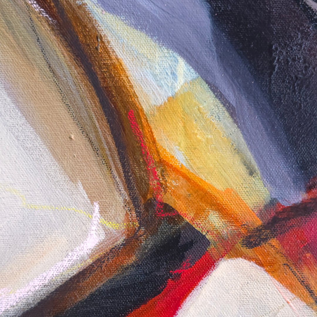 Abstract canvas painting close-up with expressive brushstrokes in cream, brown, black, yellow, orange, red, and dark blue-gray.
