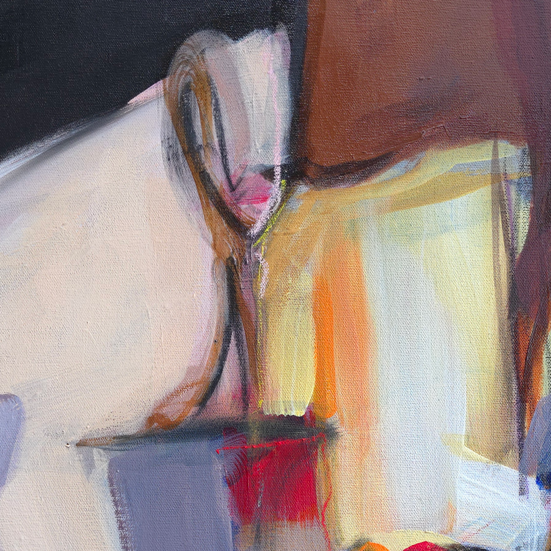 Abstract painting with expressive brushstrokes in cream, brown, yellow, red, blue-gray, black, and orange, depicting a softly rendered interior or still-life scene.