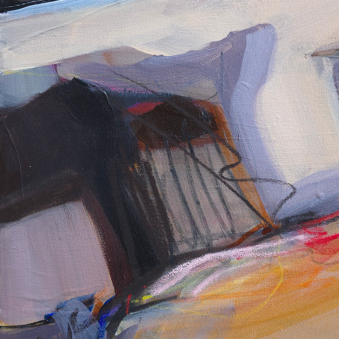 Abstract painting with expressive brushstrokes in black, white, lavender, yellow, orange, and touches of blue and red.